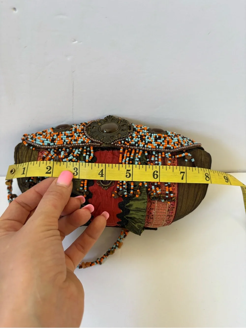 VNTG Mary Frances‎ Ember Oracle Beaded Ruffle Clutch Bag Artsy Brown Satin Fairy